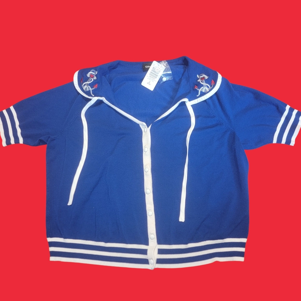 Retro Chic Blue Button Down Shirt with Nautical Embroidery Size 2X